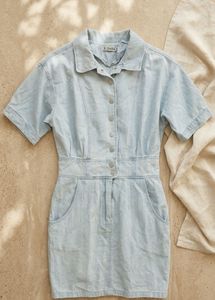 Trendy Light Wash Denim Button-Down Dress with Poc