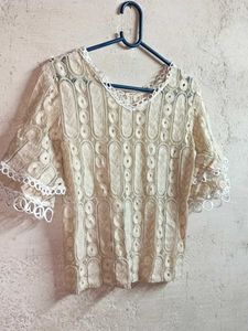 Trendy See-through Lace Flutter Sleeve Blouse