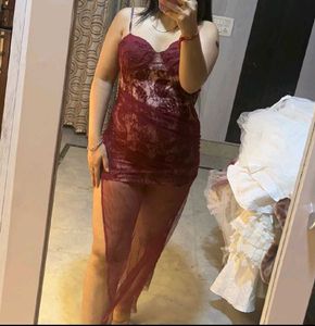 Burgundy Lace Dress with Sheer Overlay
