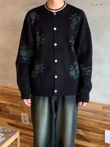 Oversized Black Flower Pattern Knit Cardigan