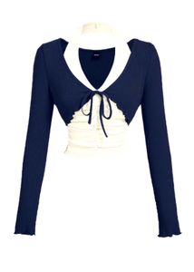 Navy & Cream Layered Top, 2 in 1 halter neck