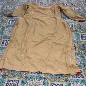 Beige Kurta with Red &amp; Green Floral Embroidery