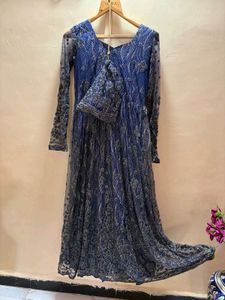 Elegant Blue crystal work Gown with Clutch
