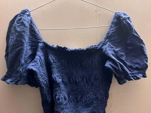 Chic Navy Smocked Puff Sleeve Top