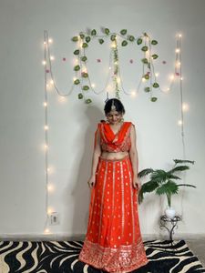 Vibrant Orange Sequin Lehenga Choli(semi stitched)