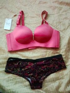 Peach Padded Bra &amp; Patterned Panties Set