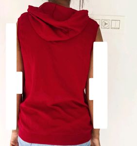 Sleeveless Dark Red Zipper Hoodie XL Size Women