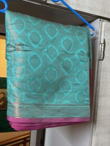 Elegant Teal &amp; Pink Patterned Saree
