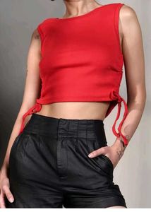 Red Ruched Drawstring Crop Top