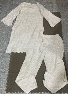 off White lace crosia Kurta Set