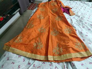 Orange Embroidered Kurta With Skirt