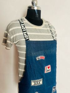 Denim Pinafore Dress with Striped Top