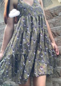 Boho Tiered Peacock Print Dress