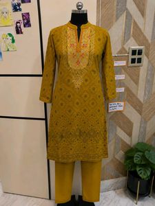 Elegant Mustard Embroidered Kurta Set Woolen