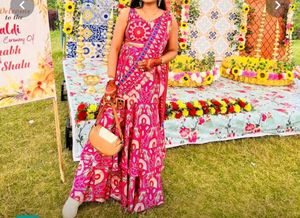 Vibrant Gujarati print double layer saree