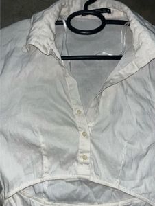 Zara White Linen-Blend Cutout Button-Up Bodysuit