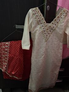 Elegant Cream Kurta Set with Red Dupatta