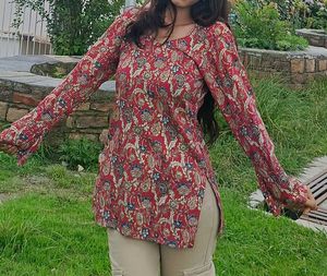 Red Floral Short kurti with kimono shaped sleeves