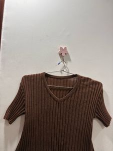 Brown Ribbed  Knit Top | Too stretchable
