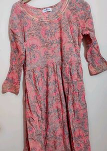 Pink Floral Print Anarkali Long Kurti