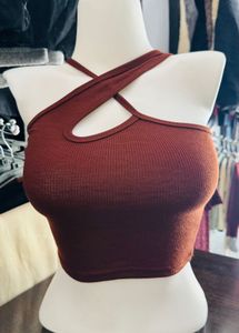 Stylish Brown Cross Halter Top