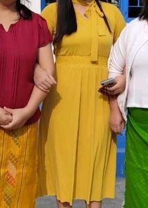 Mustard Yellow Midi Dress with Tie Neck