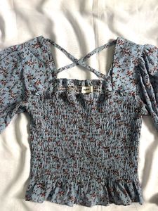Blue Floral Smocked Square Neck Top
