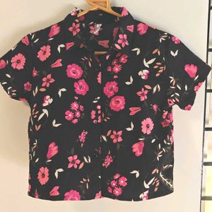 Cute Black Floral Button-Up Shirt