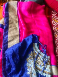 Vibrant Pink Saree with Blue &amp; Gold Border