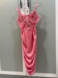 Pink Ruched Floral Lace Dress
