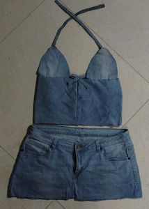 y2k Denim Crop Top &amp; Skirt Set