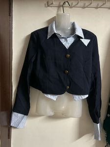 Women's Navy Cropped Blazer with Striped Shirt Col