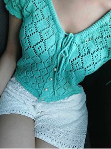 Aqua Crochet Tie-Up Top