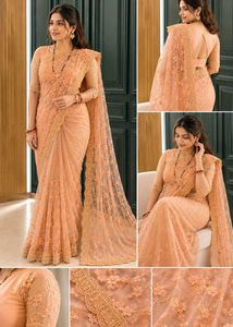 Elegant Peach Net Saree