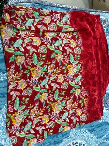 Vibrant Floral Print Red Saree with Blouse