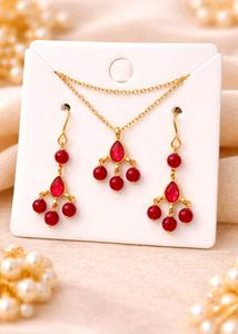 Red Beaded Pendant Necklace &amp; Earrings Set
