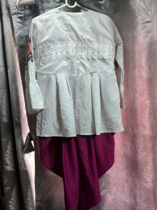 Floral Embroidered White Top &amp; Dhoti Set