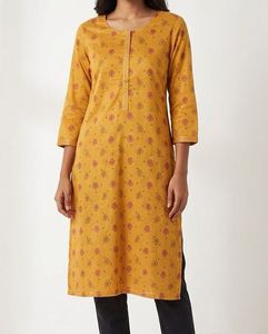 Mustard Yellow Printed Straight Kurti
