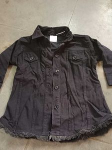 Black Frayed Hem Button-Up Jacket