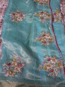 Designer Embellished Teal Saree