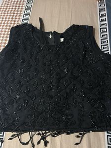 Black Beaded Crop top and lehenga with chunri an