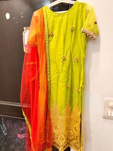 Stunning Lime Green Kurta Set with Red Dupatta