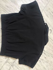Black Cropped Polo Shirt with Chequered Sleeves