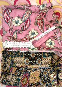 Pink Floral Print Kurti with Lace Trim