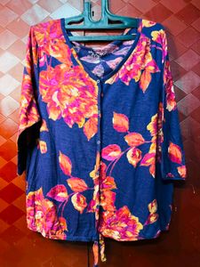Blue Floral Print Button-Up Top