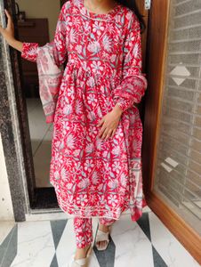 Red Floral Print Kurta Set