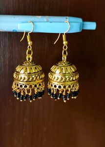 Elegant Gold Jhumka Earrings with Black Beads