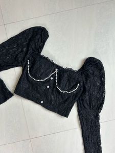 Black Lace Pearl Detail Puff Sleeve Top