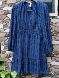 Blue Textured V-Neck Dress