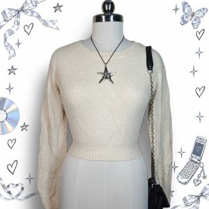 Cream Ribbed Knit Cropped Sweater
